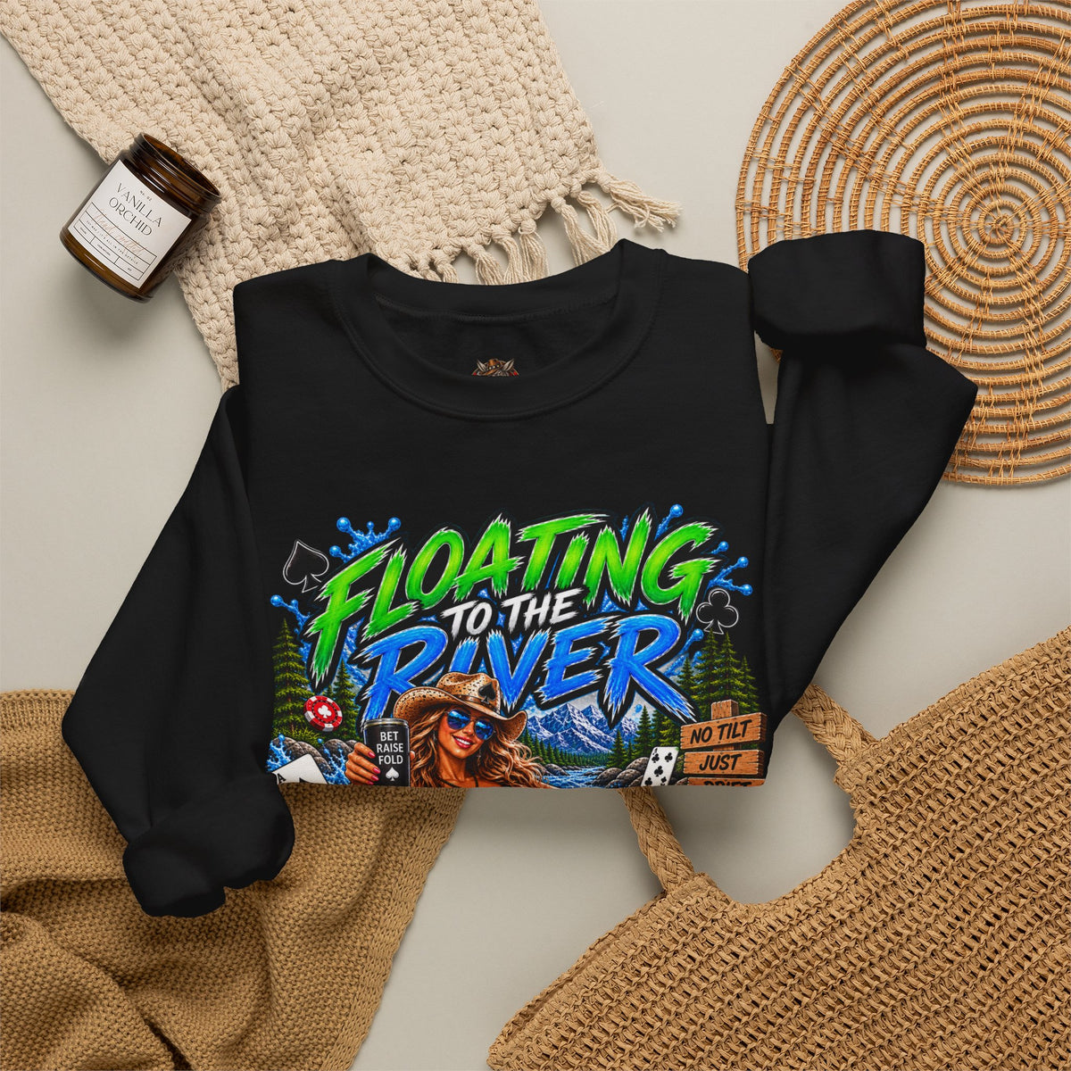 Crewneck Sweatshirt — "Floating to the River" Retro Tube & Poker Graphic