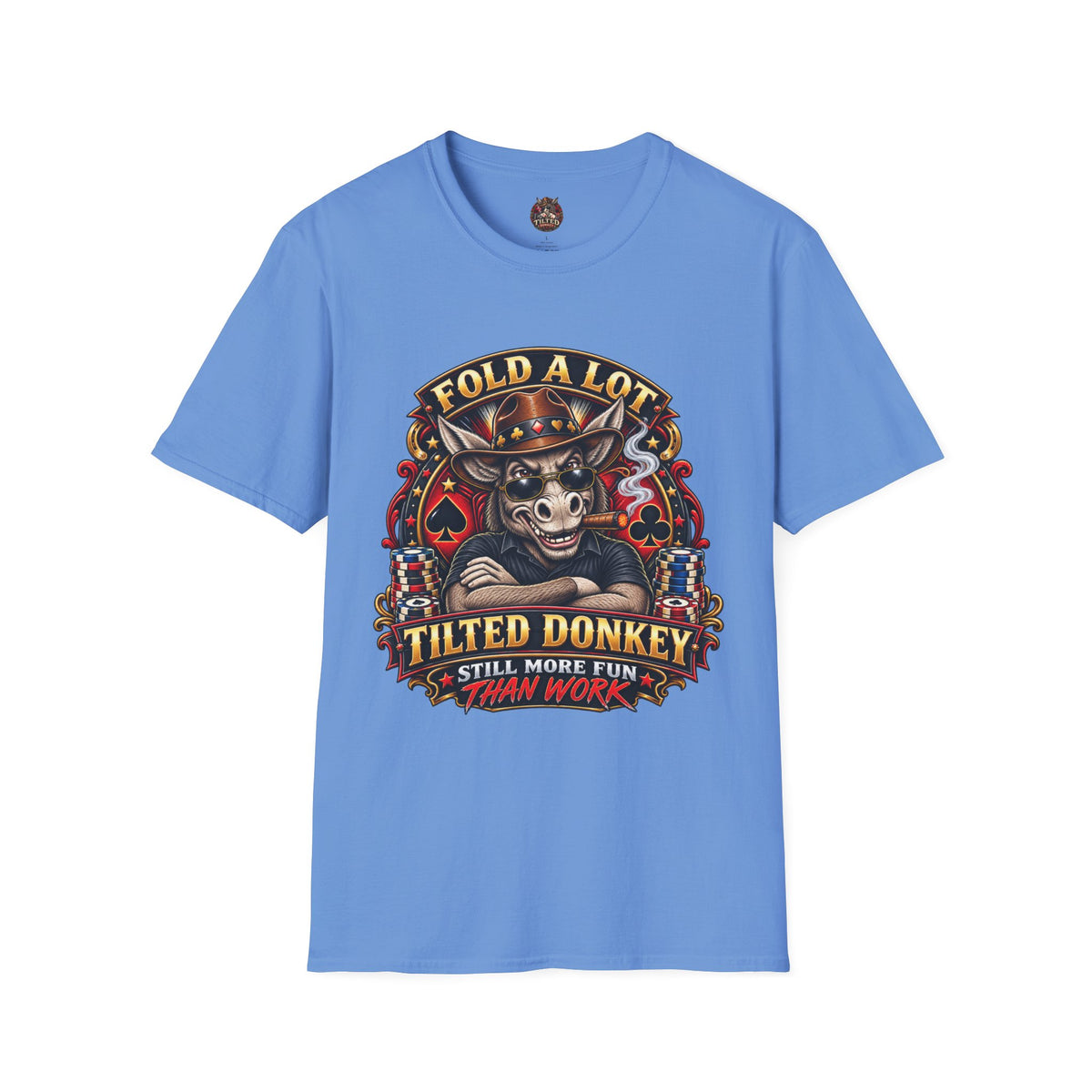 Tilted Donkey Poker T-Shirt — "Fold a Lot, Tilted Donkey" Graphic Tee