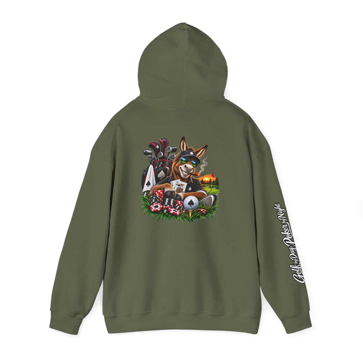 Golf Caddy/Poker Donkey Hoodie — Graphic Sleeve Script