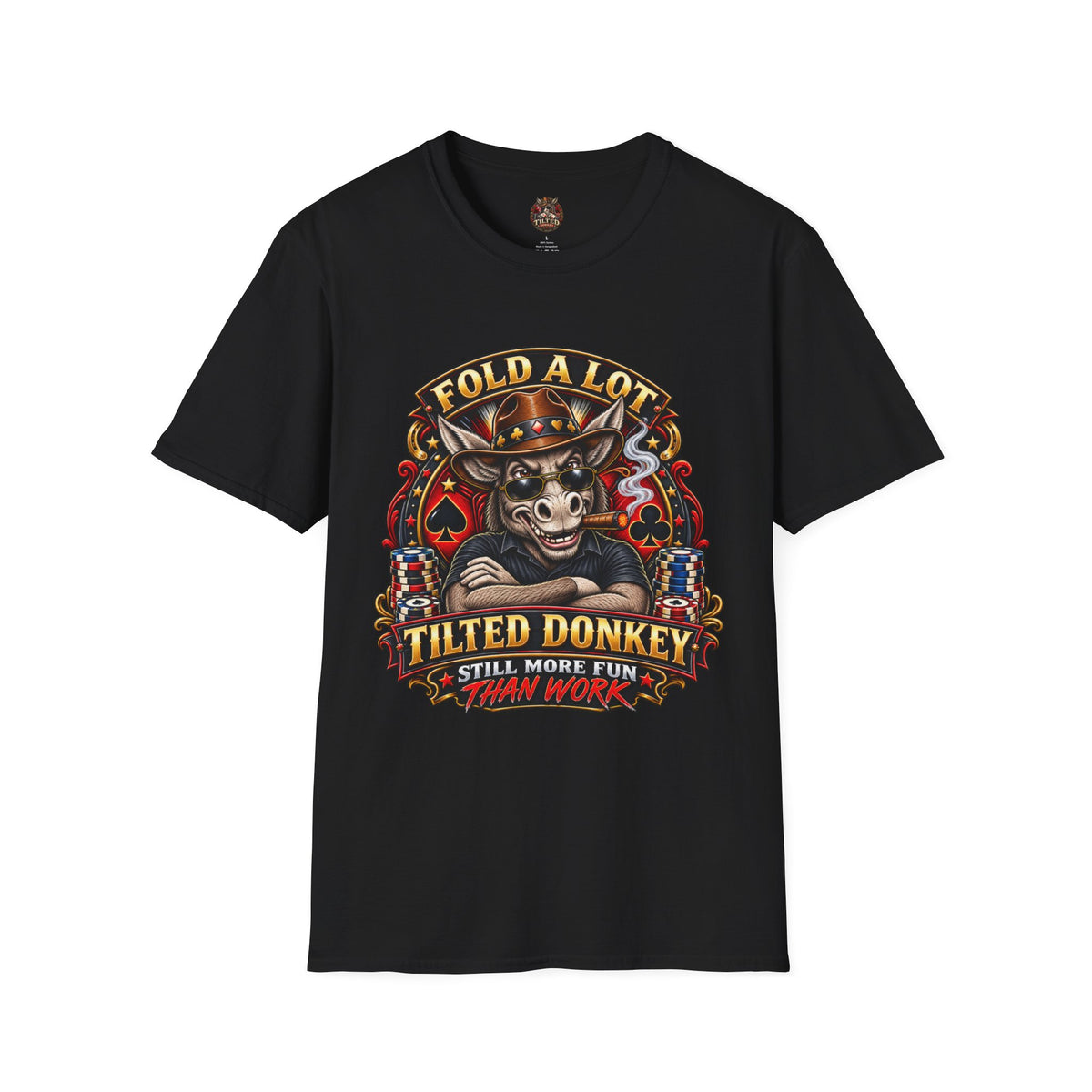 Tilted Donkey Poker T-Shirt — "Fold a Lot, Tilted Donkey" Graphic Tee