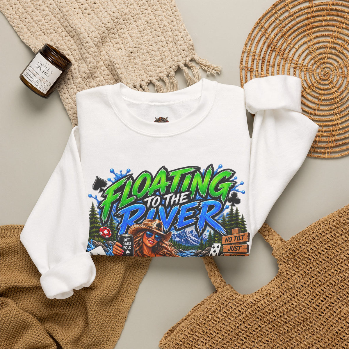 Crewneck Sweatshirt — "Floating to the River" Retro Tube & Poker Graphic