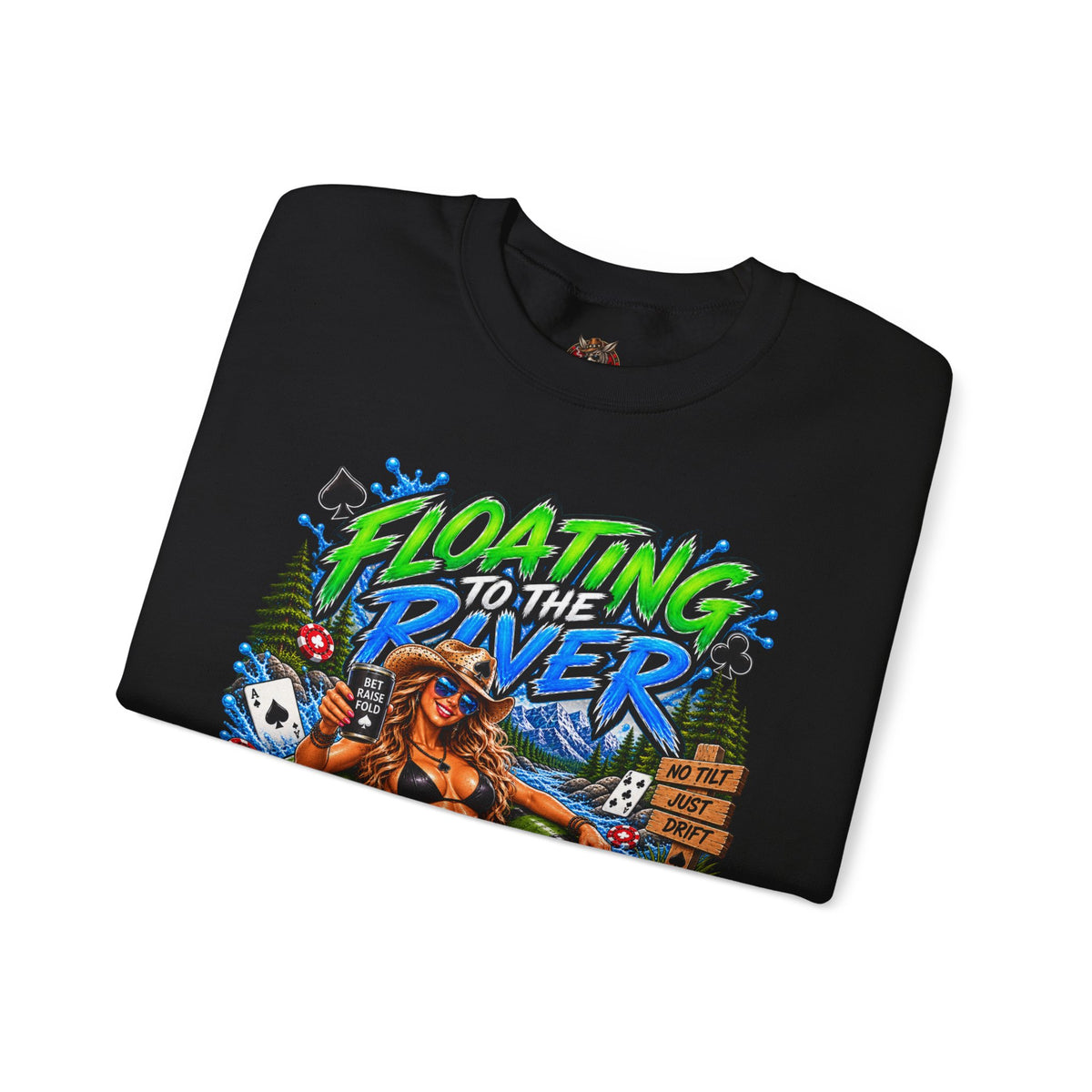 Crewneck Sweatshirt — "Floating to the River" Retro Tube & Poker Graphic
