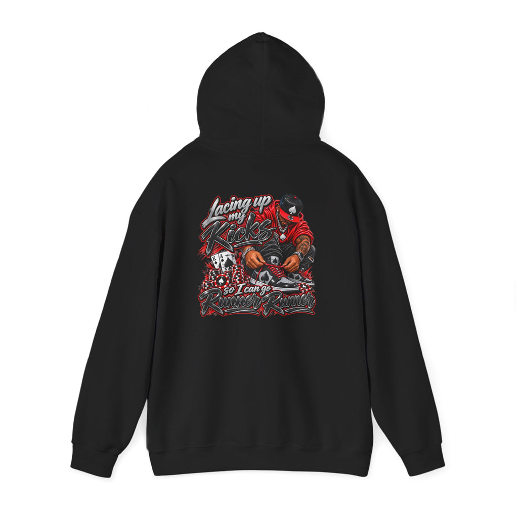 Runner Runner Graphic Hoodie — Vintage Script Poker Street-Art Back
