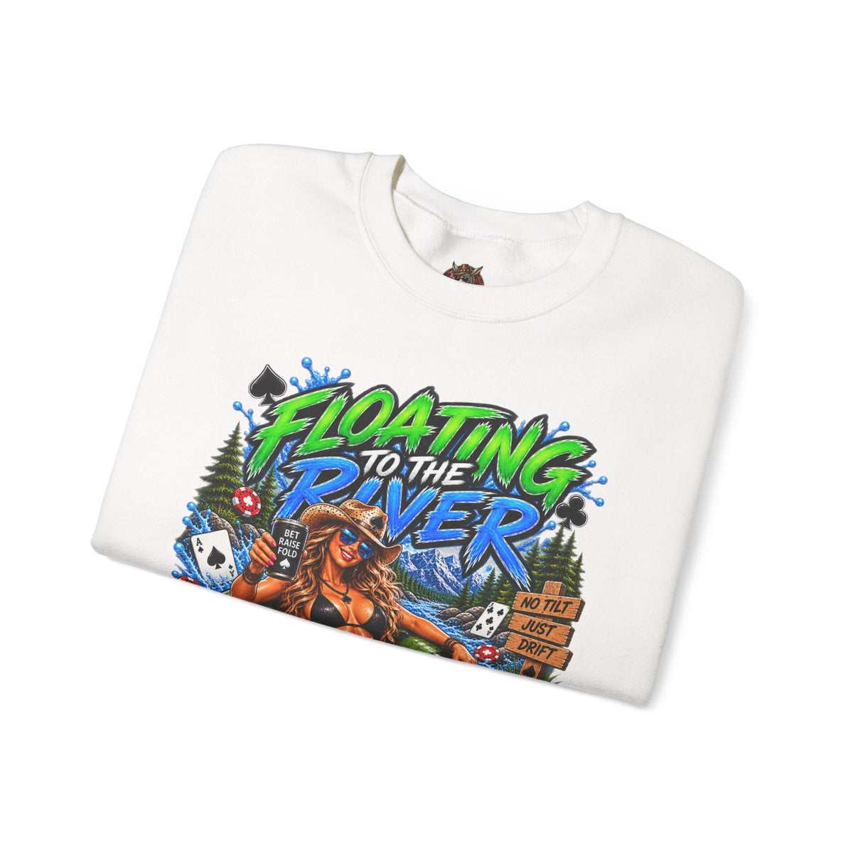 Crewneck Sweatshirt — "Floating to the River" Retro Tube & Poker Graphic