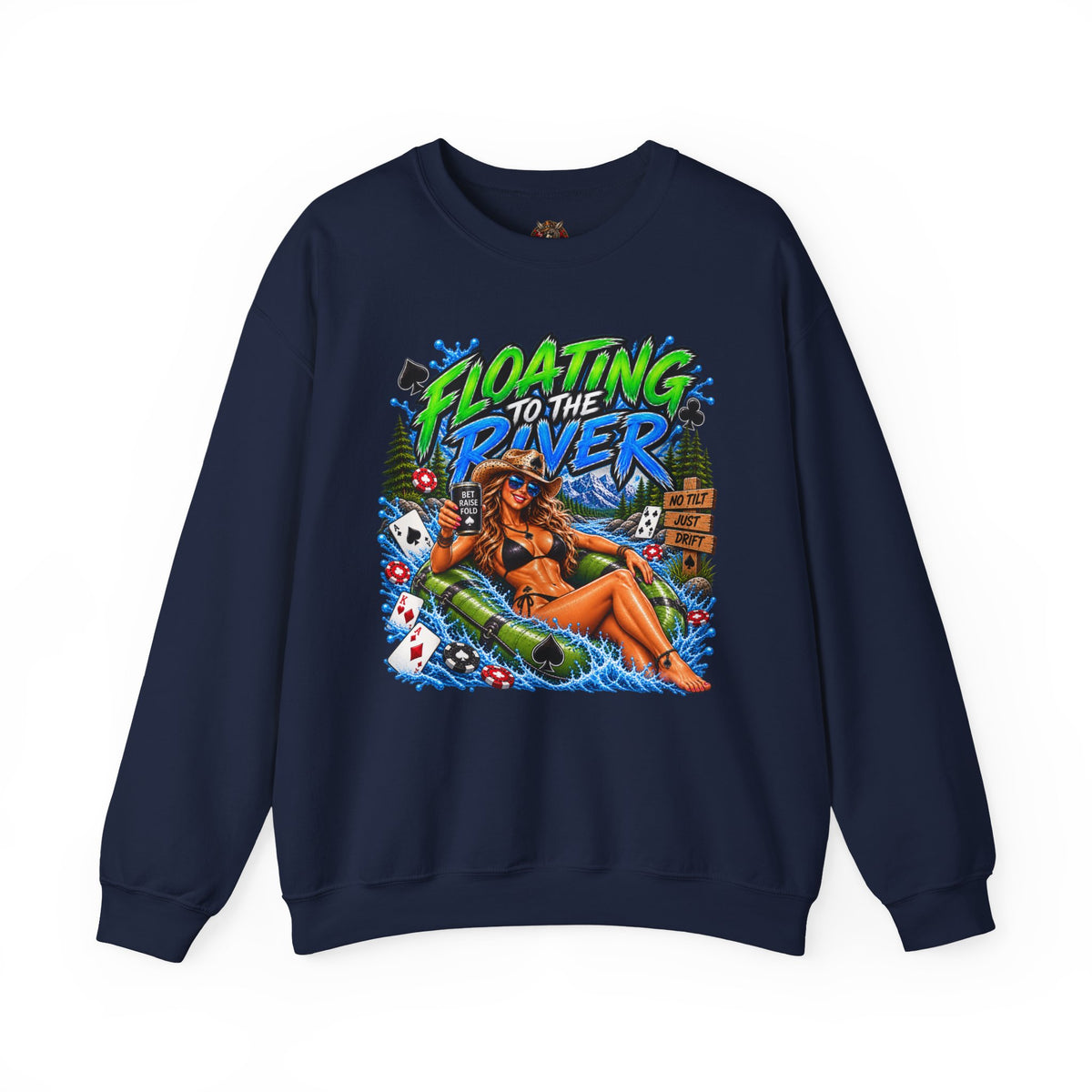 Crewneck Sweatshirt — "Floating to the River" Retro Tube & Poker Graphic