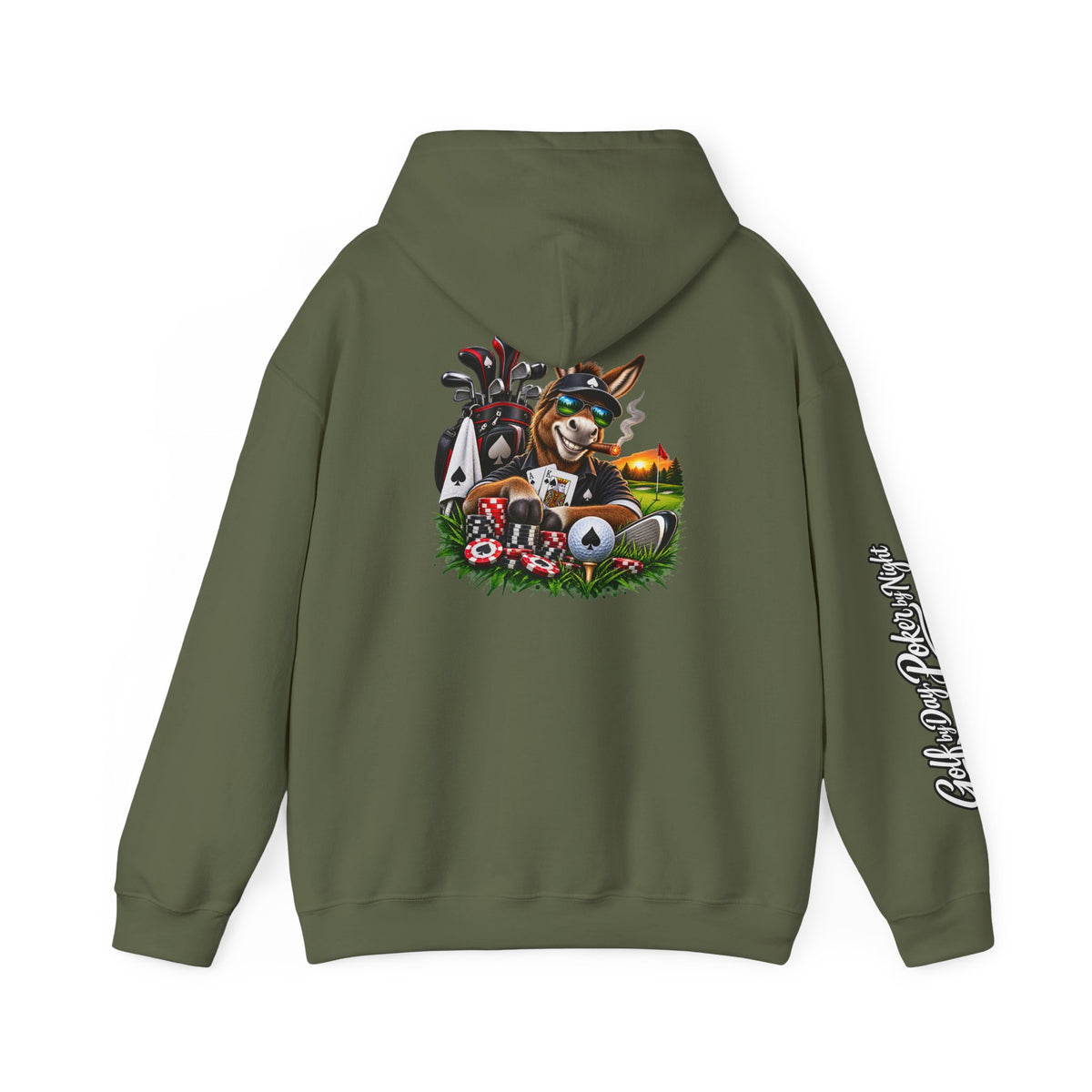 Golf Caddy/Poker Donkey Hoodie — Graphic Sleeve Script
