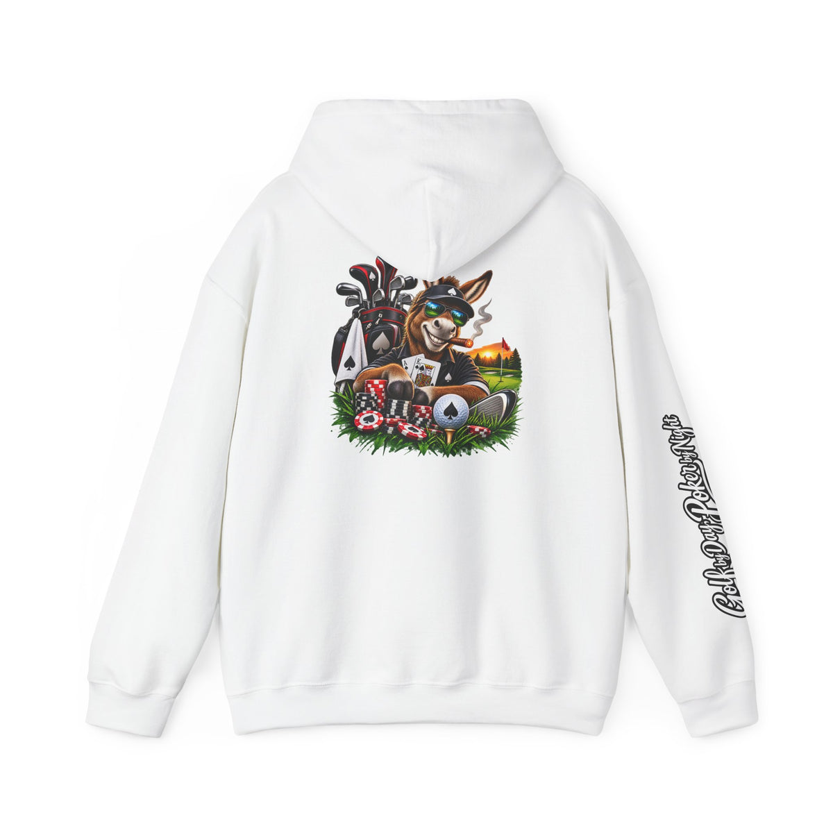Golf Caddy/Poker Donkey Hoodie — Graphic Sleeve Script