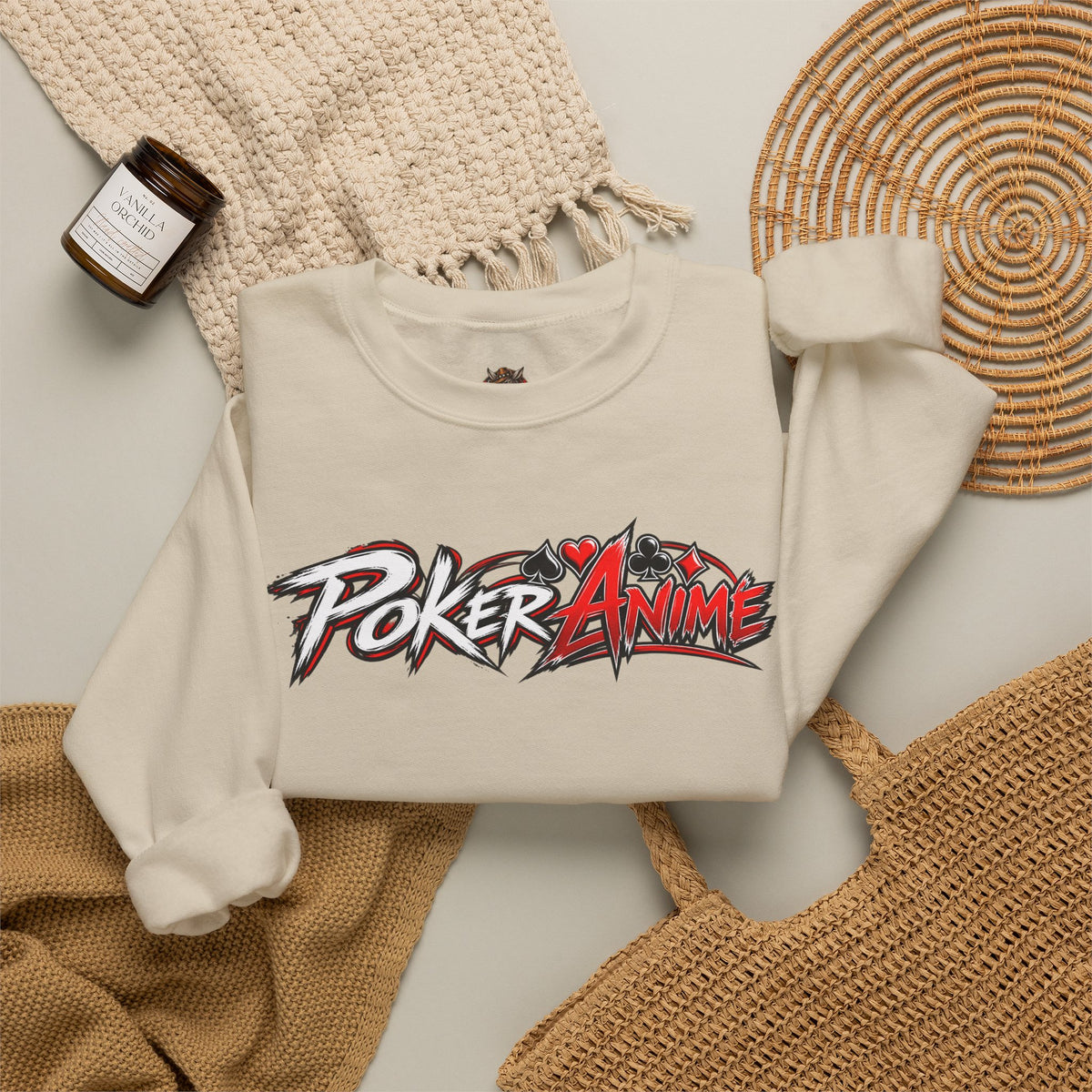 Poker Anime Crewneck Sweatshirt — "Play the Player, Not Your Cards" Graphic