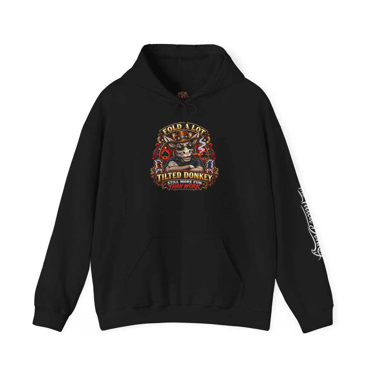 Tilted Donkey Graphic Hoodie — Fold a Lot Poker Design