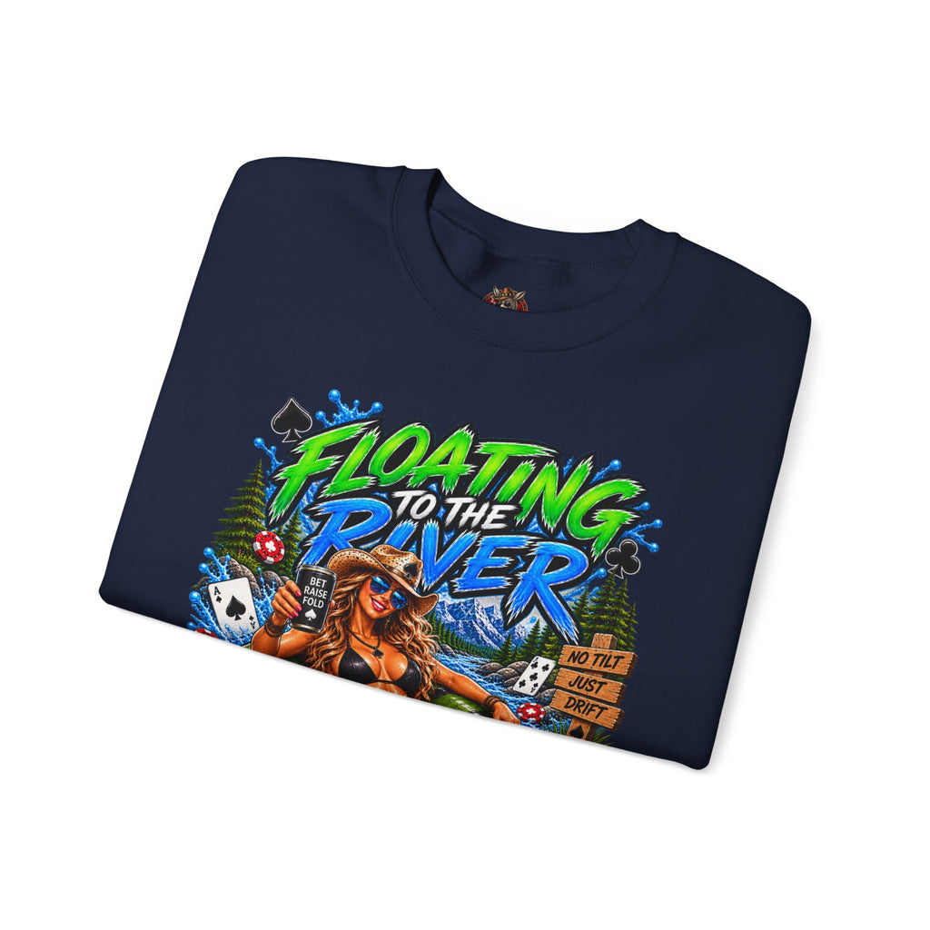 Crewneck Sweatshirt — "Floating to the River" Retro Tube & Poker Graphic