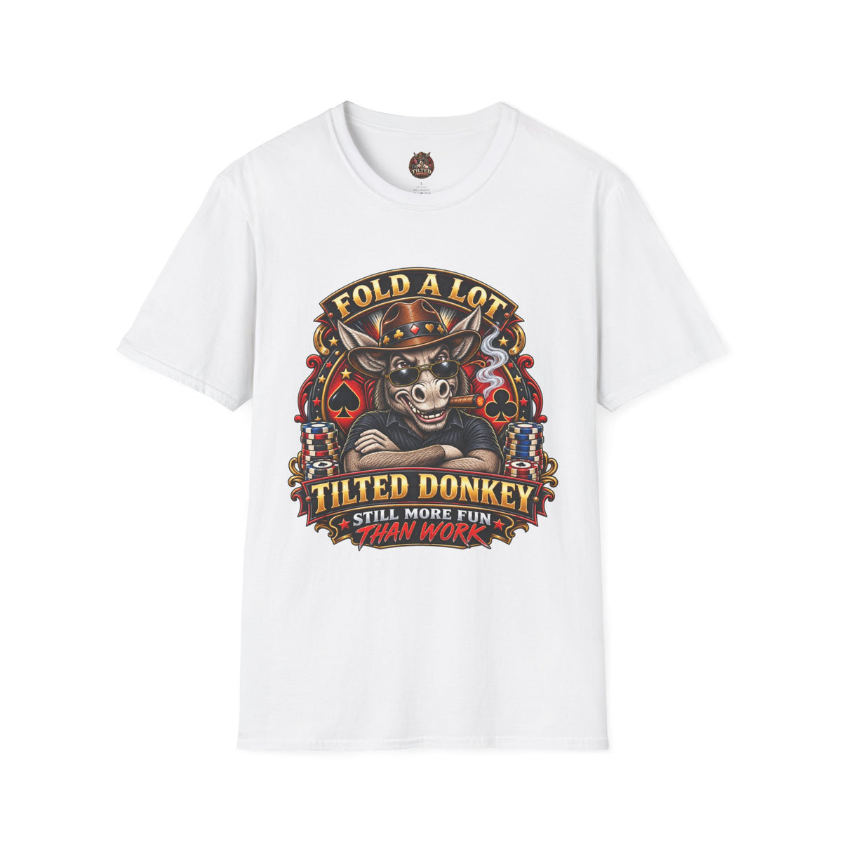 Tilted Donkey Poker T-Shirt — "Fold a Lot, Tilted Donkey" Graphic Tee