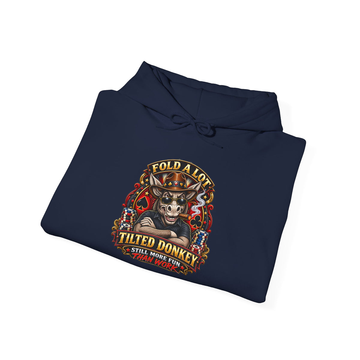 Tilted Donkey Graphic Hoodie — Fold a Lot Poker Design