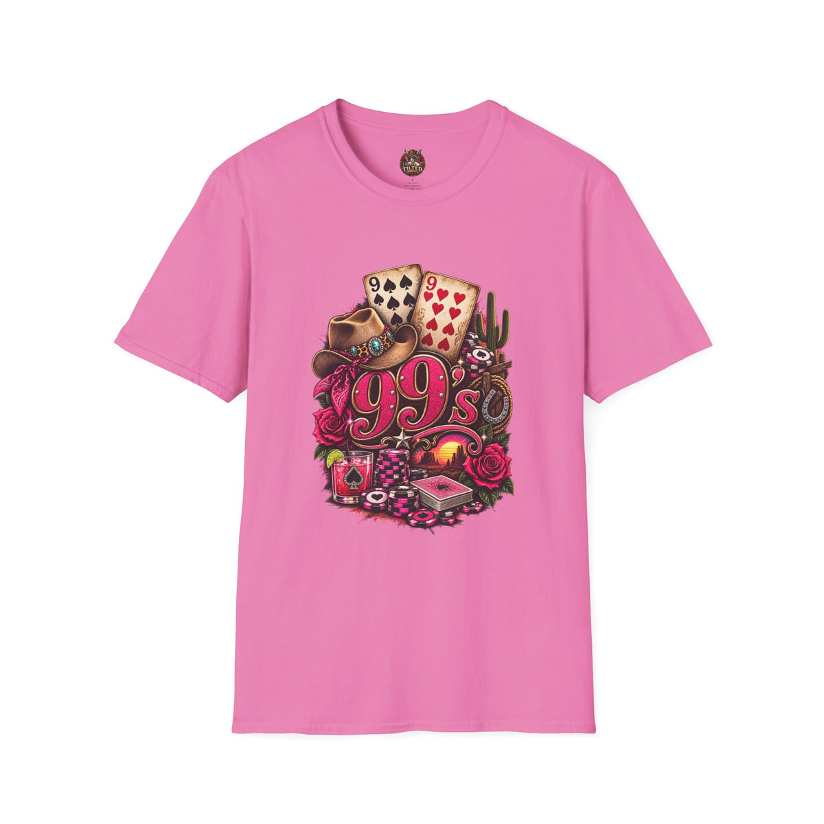 1990s Retro Graphic T-Shirt — Vintage Cards, Roses & Cowboy Boots Design
