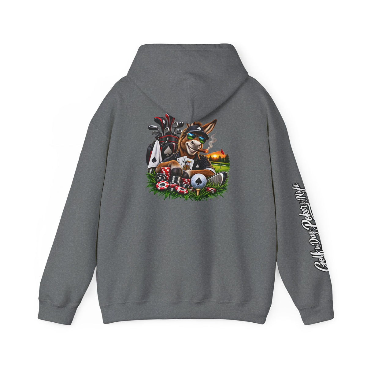Golf Caddy/Poker Donkey Hoodie — Graphic Sleeve Script