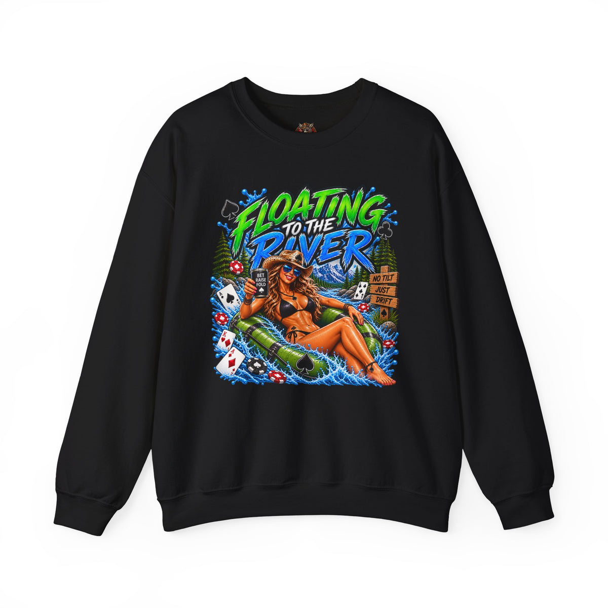 Crewneck Sweatshirt — "Floating to the River" Retro Tube & Poker Graphic