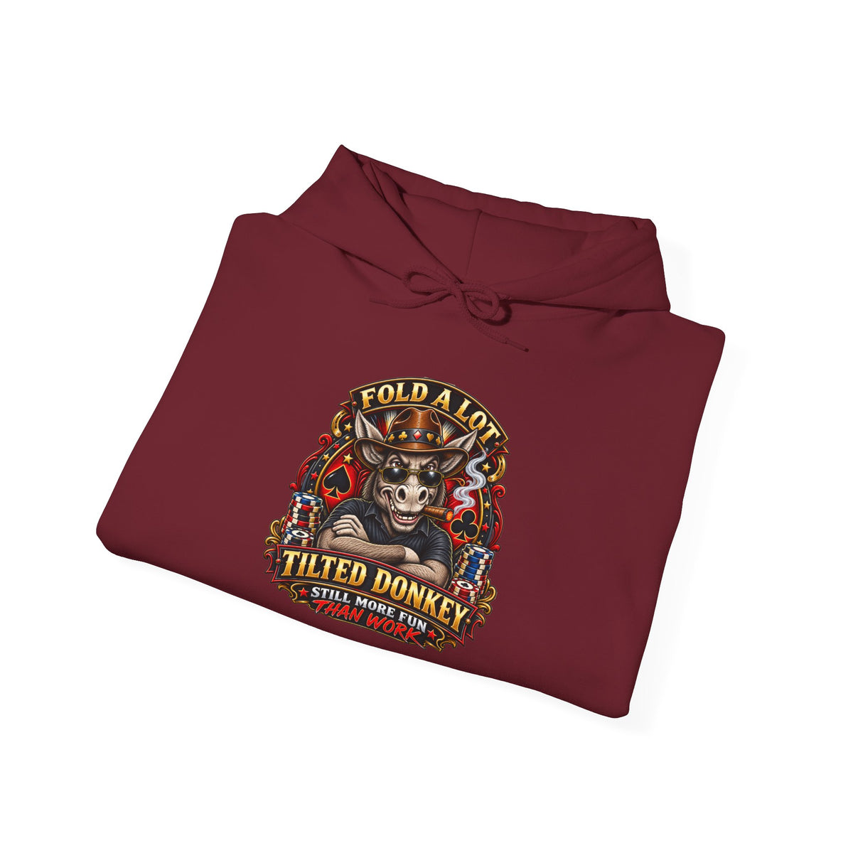 Tilted Donkey Graphic Hoodie — Fold a Lot Poker Design