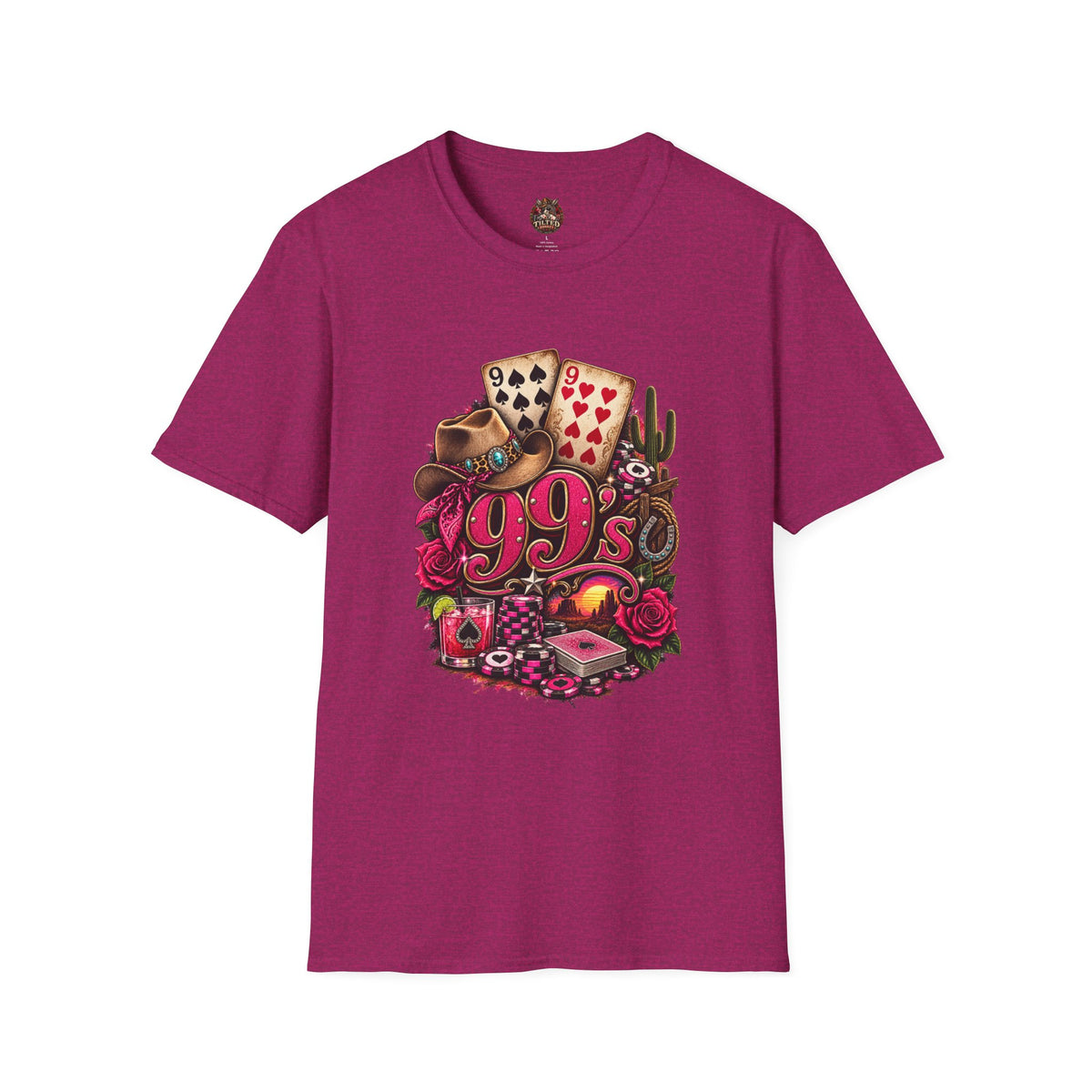 1990s Retro Graphic T-Shirt — Vintage Cards, Roses & Cowboy Boots Design