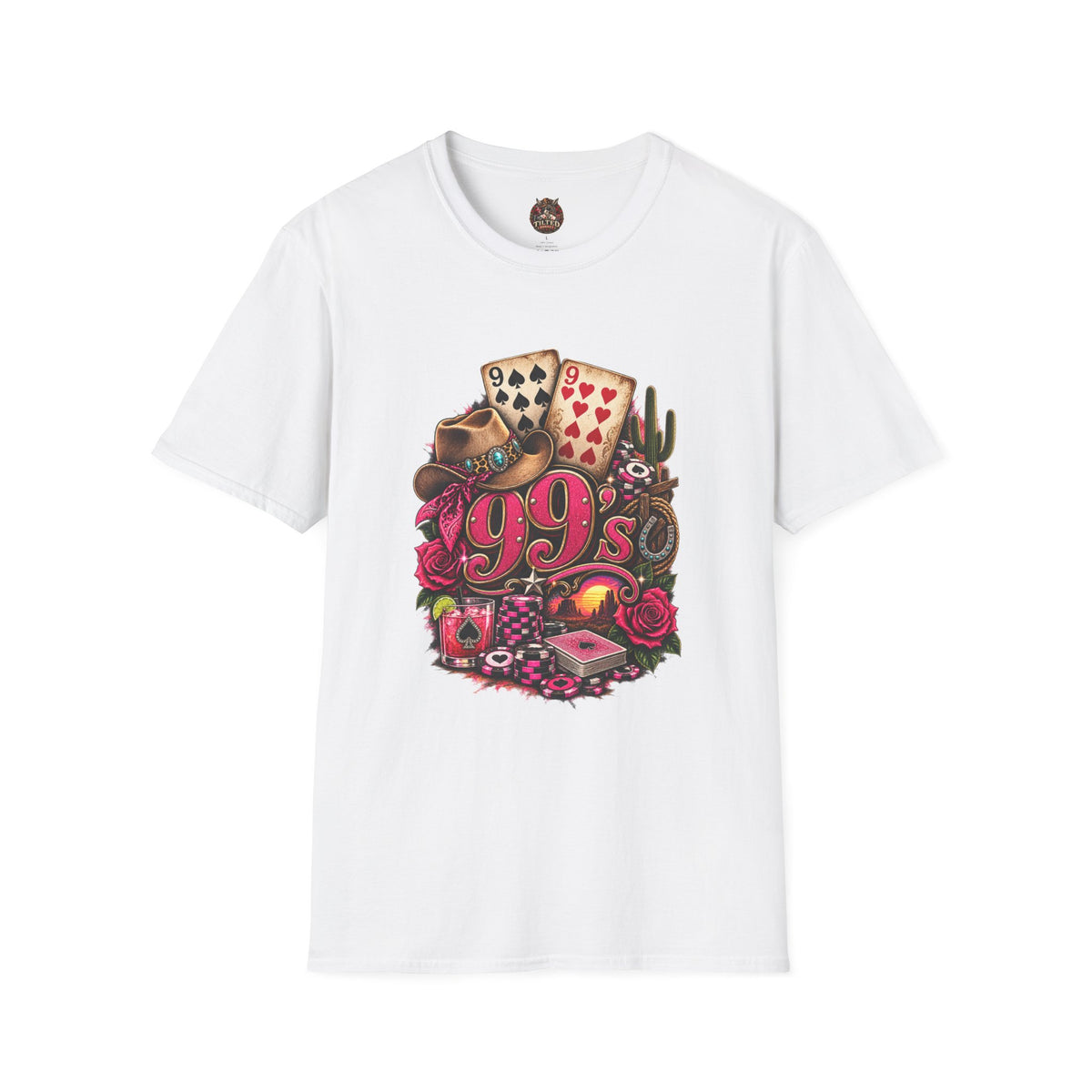 1990s Retro Graphic T-Shirt — Vintage Cards, Roses & Cowboy Boots Design