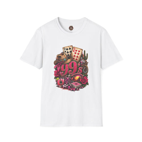 1990s Retro Graphic T-Shirt — Vintage Cards, Roses & Cowboy Boots Design