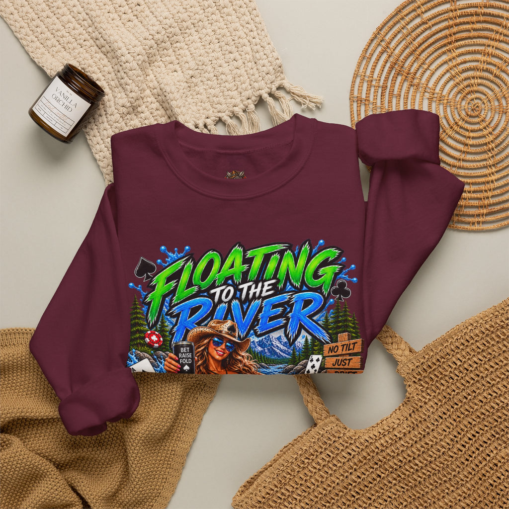 Crewneck Sweatshirt — "Floating to the River" Retro Tube & Poker Graphic