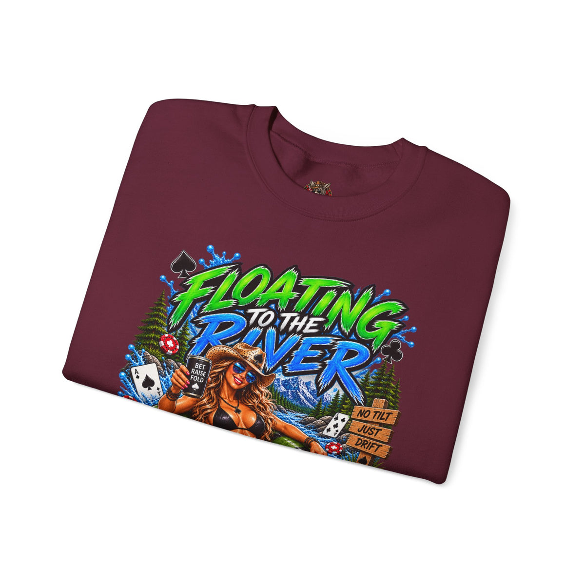Crewneck Sweatshirt — "Floating to the River" Retro Tube & Poker Graphic