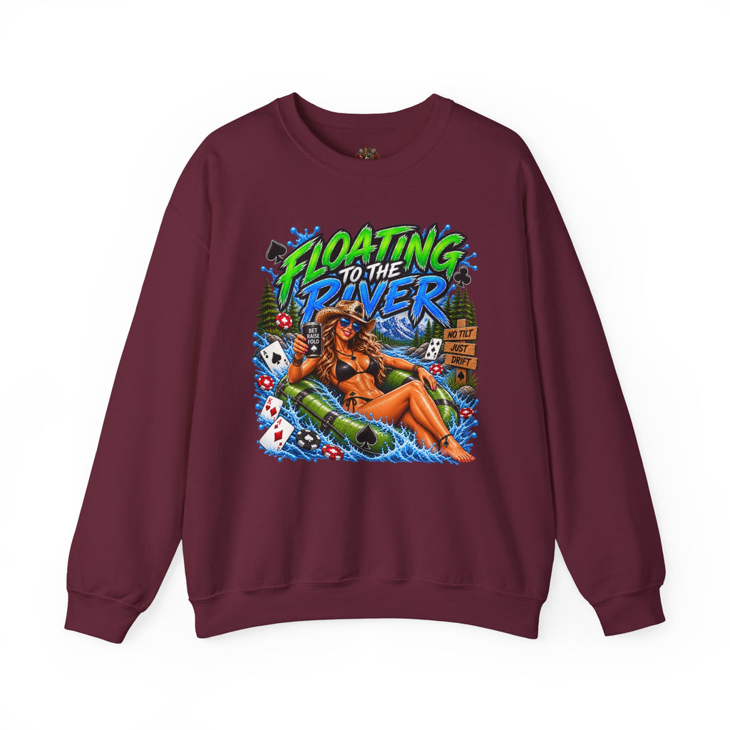 Crewneck Sweatshirt — "Floating to the River" Retro Tube & Poker Graphic