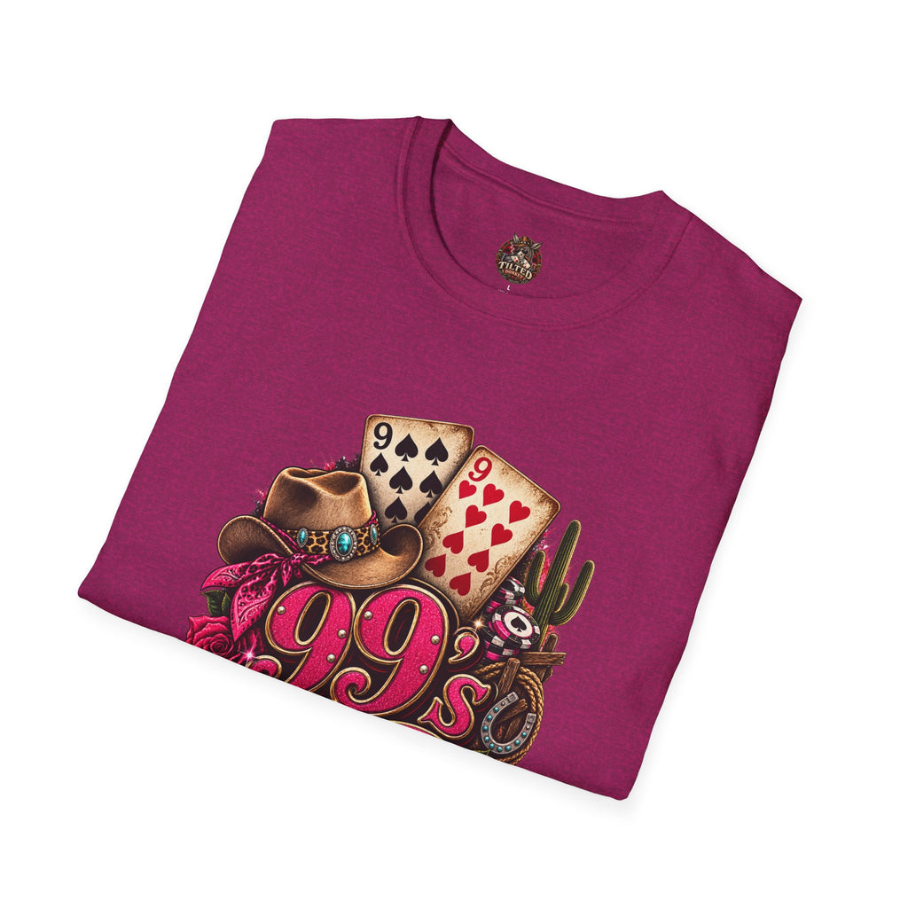 1990s Retro Graphic T-Shirt — Vintage Cards, Roses & Cowboy Boots Design