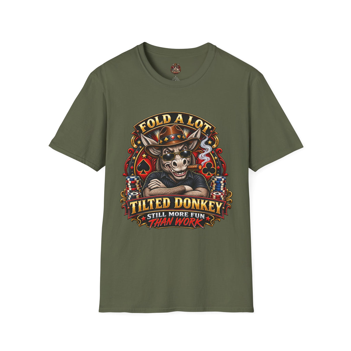 Tilted Donkey Poker T-Shirt — "Fold a Lot, Tilted Donkey" Graphic Tee