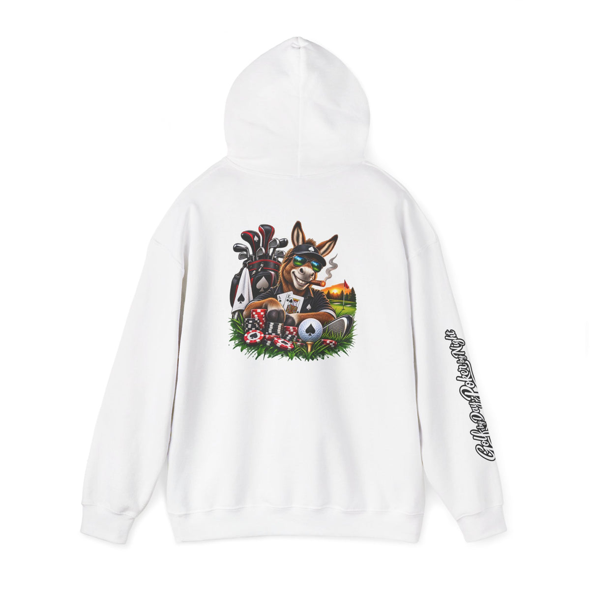 Golf Caddy/Poker Donkey Hoodie — Graphic Sleeve Script
