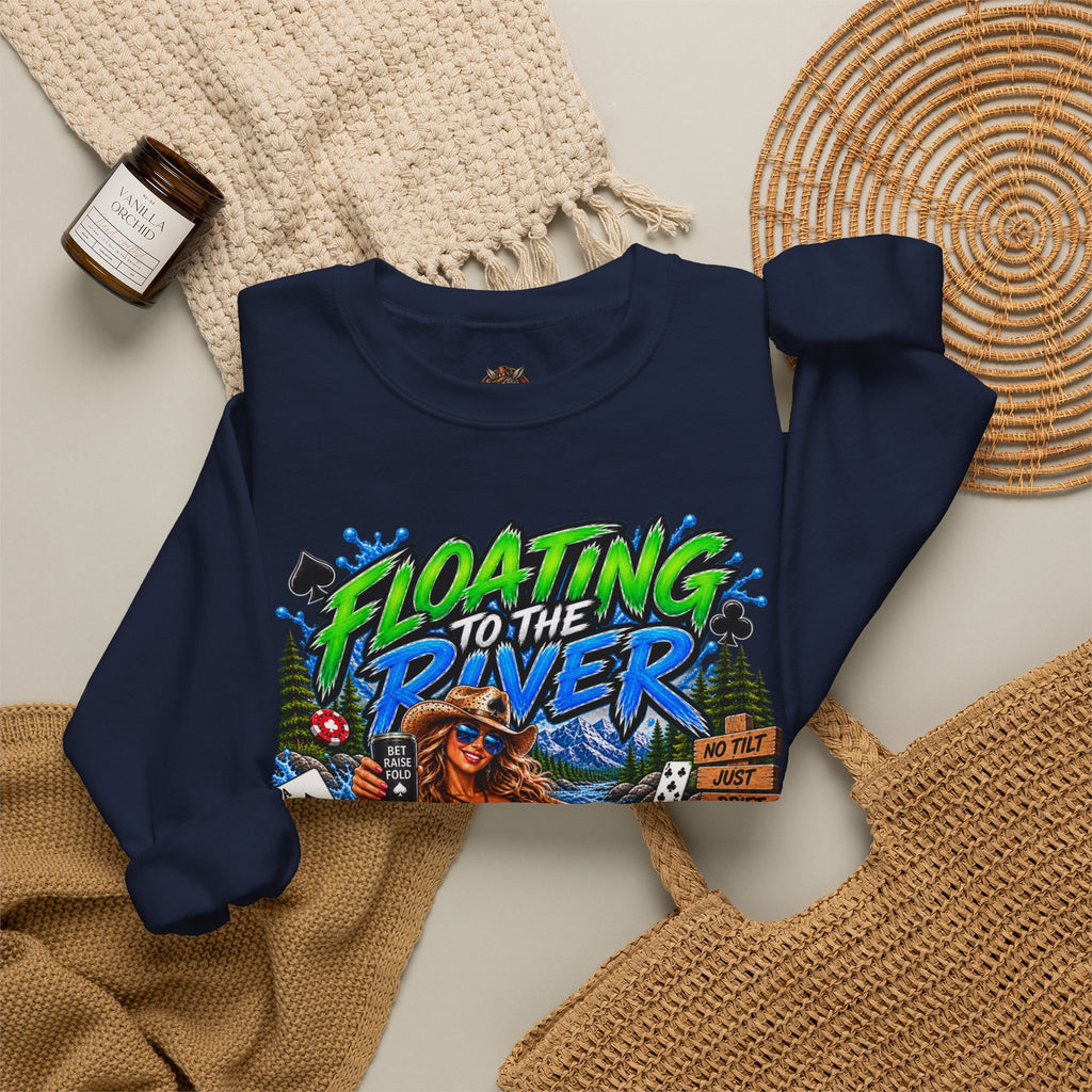 Crewneck Sweatshirt — "Floating to the River" Retro Tube & Poker Graphic
