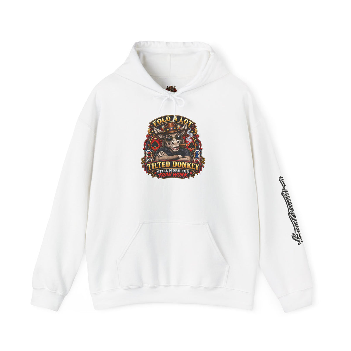 Tilted Donkey Graphic Hoodie — Fold a Lot Poker Design