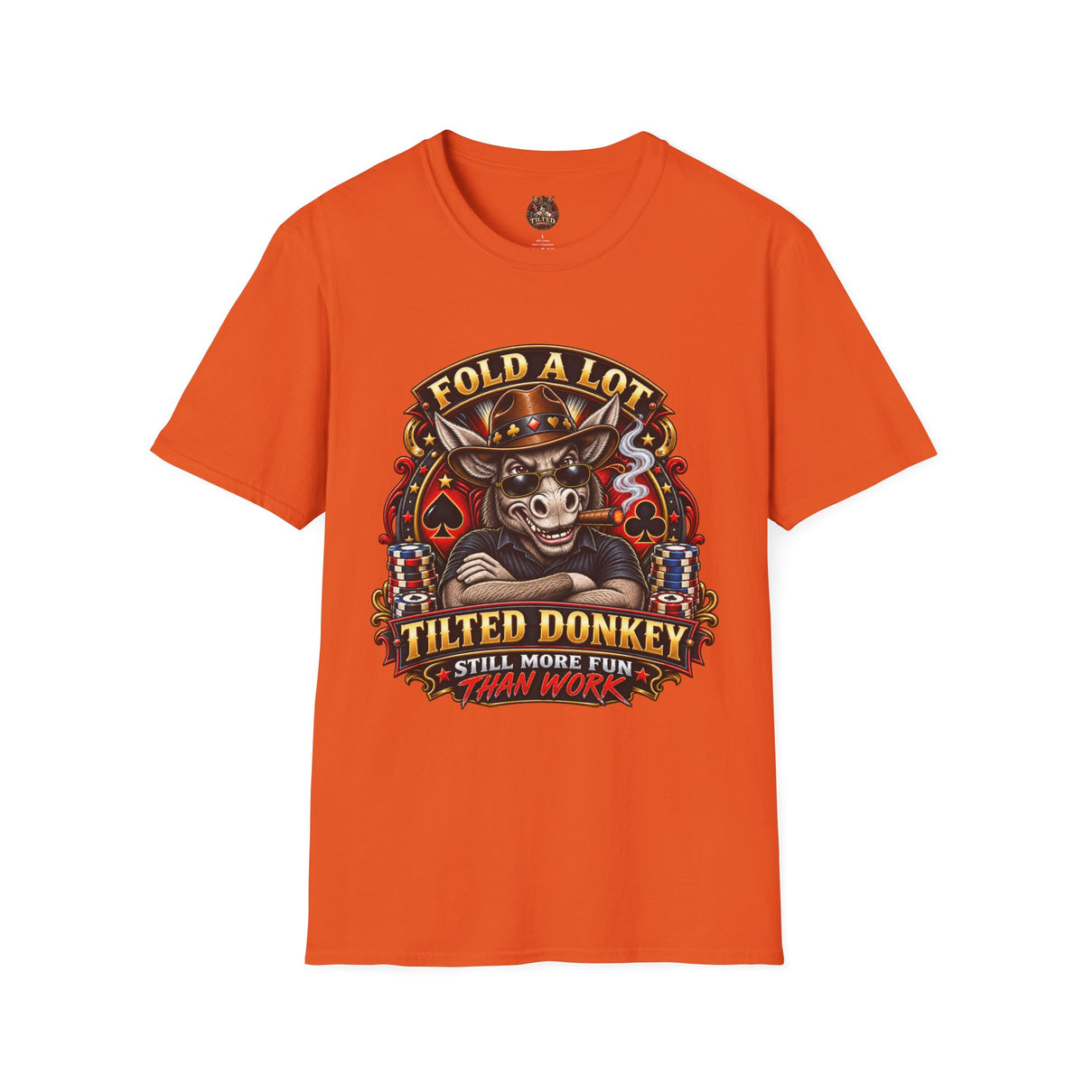 Tilted Donkey Poker T-Shirt — "Fold a Lot, Tilted Donkey" Graphic Tee