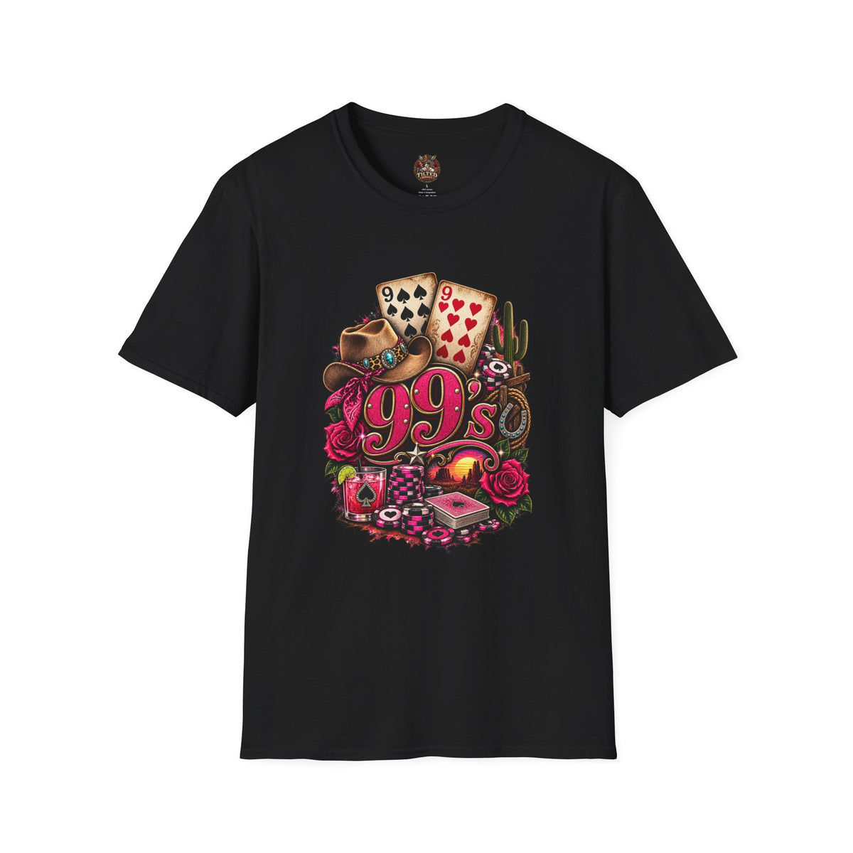 1990s Retro Graphic T-Shirt — Vintage Cards, Roses & Cowboy Boots Design