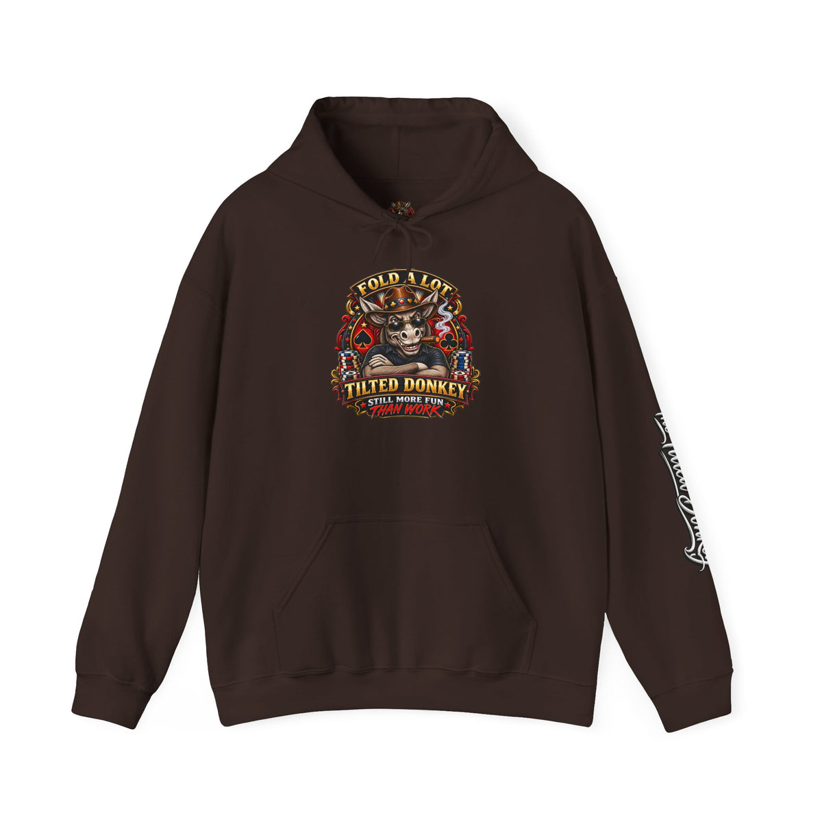 Tilted Donkey Graphic Hoodie — Fold a Lot Poker Design
