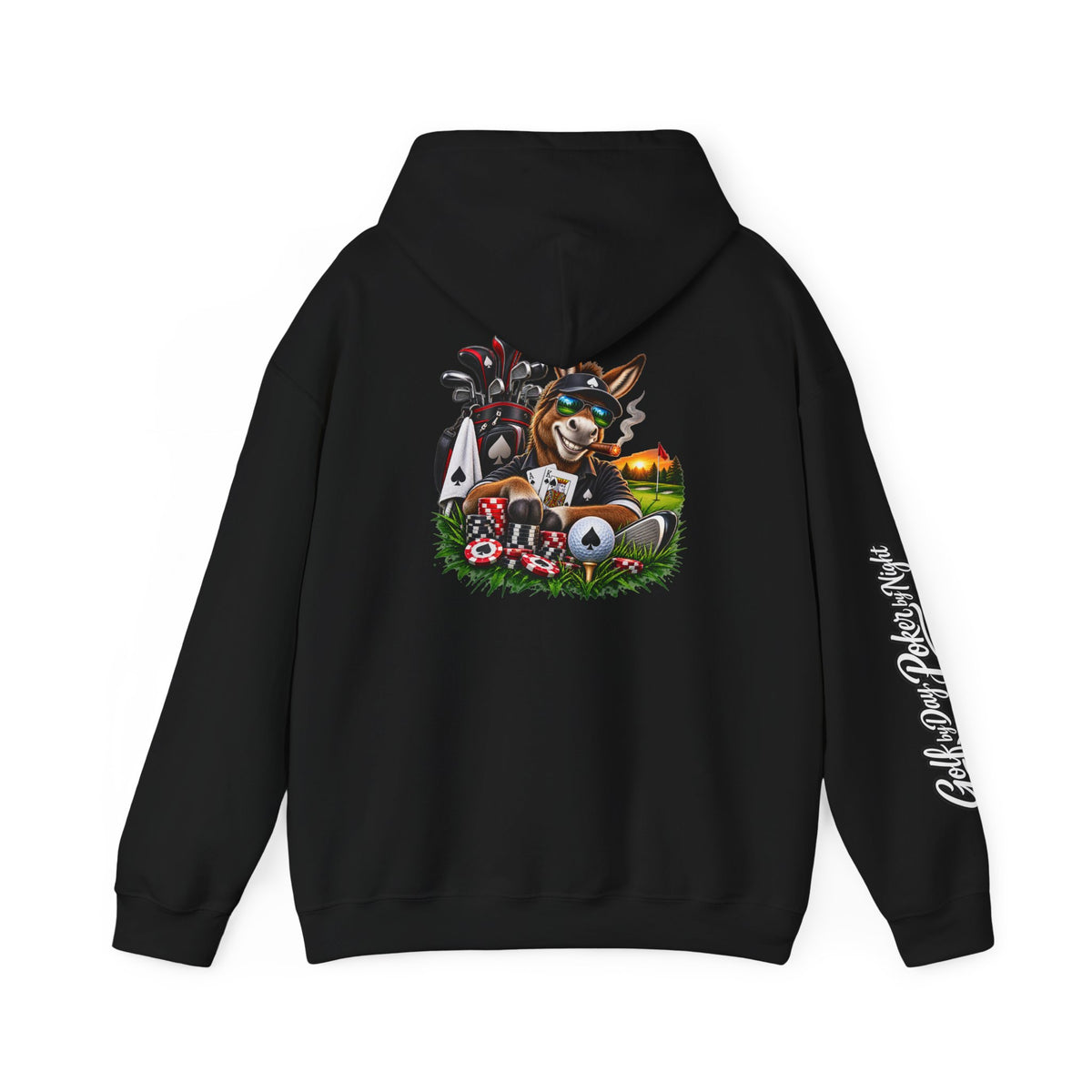 Golf Caddy/Poker Donkey Hoodie — Graphic Sleeve Script