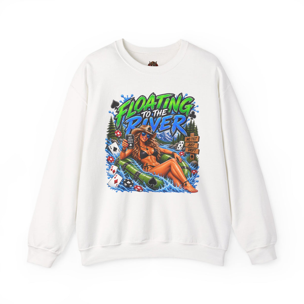 Crewneck Sweatshirt — "Floating to the River" Retro Tube & Poker Graphic