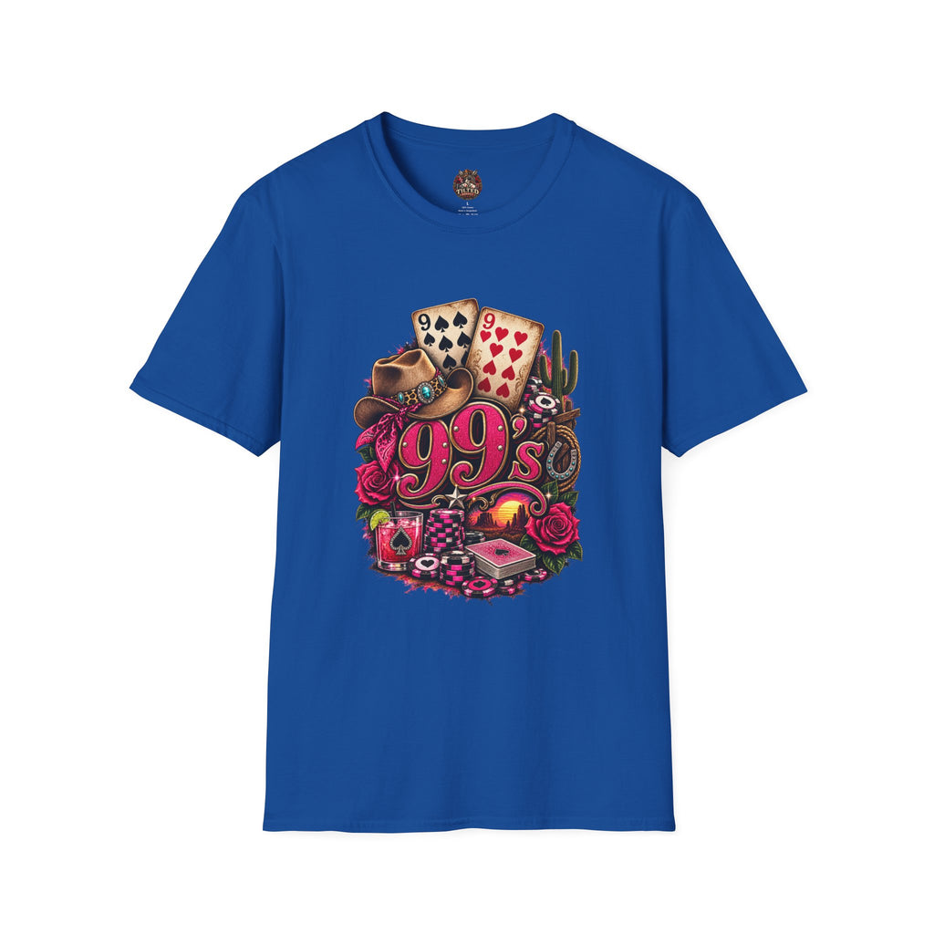 1990s Retro Graphic T-Shirt — Vintage Cards, Roses & Cowboy Boots Design